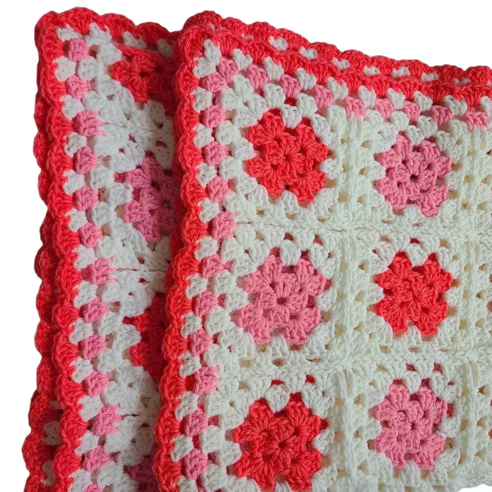 Vintage 70s boho crocheted pink white granny square afghan, 51